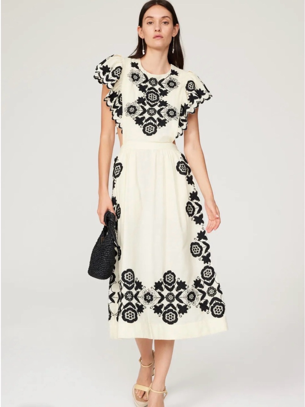 Open-back Ivory Maxi Dress with Black Floral Embroidery